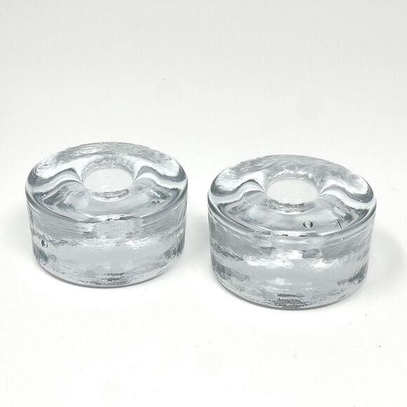 BLENKO Glass Round Puck Taper Candlestick Holders 990A Clear Set of 2 Vintage - Picture 1 of 6